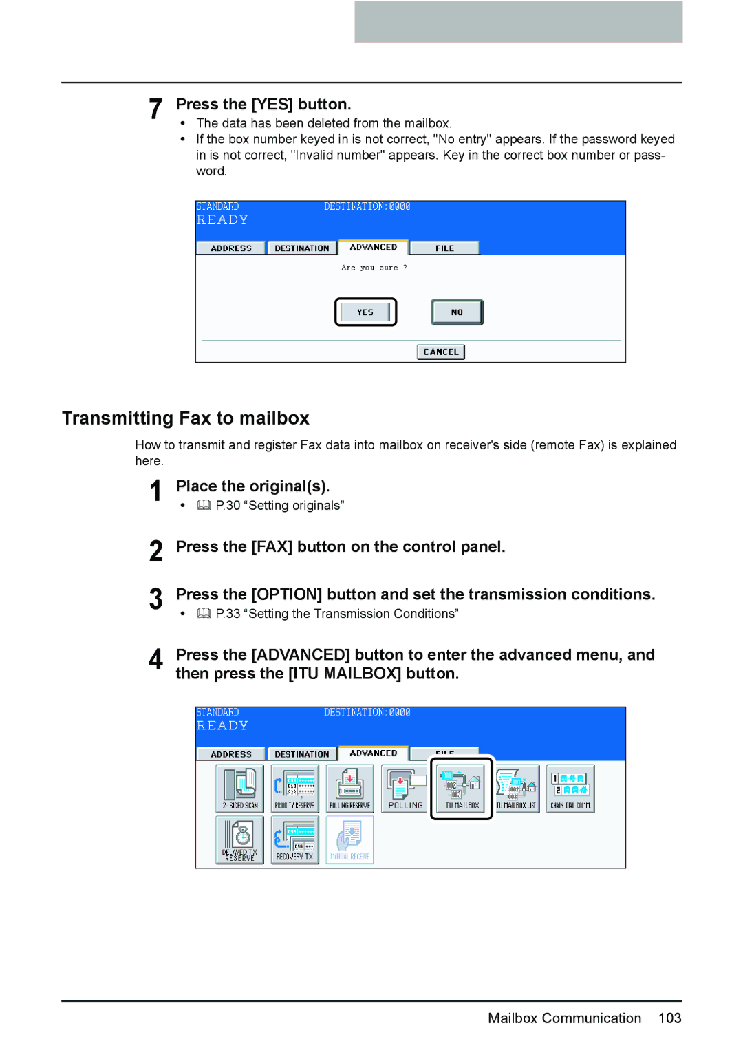 Toshiba GD-1210 manual Transmitting Fax to mailbox, Press the YES button 