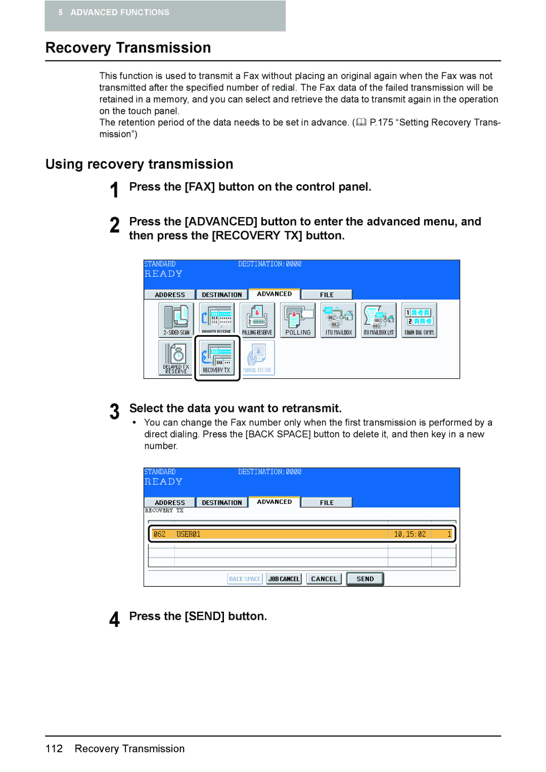 Toshiba GD-1210 manual Recovery Transmission, Using recovery transmission, Press the Send button 