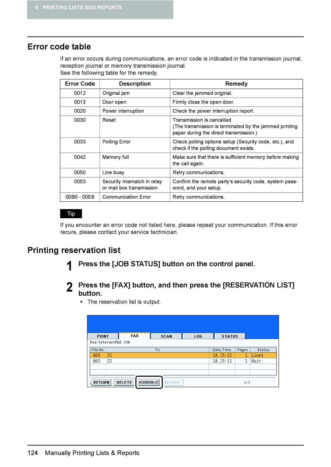 Toshiba GD-1210 manual Error code table, Printing reservation list, Error Code Description Remedy 