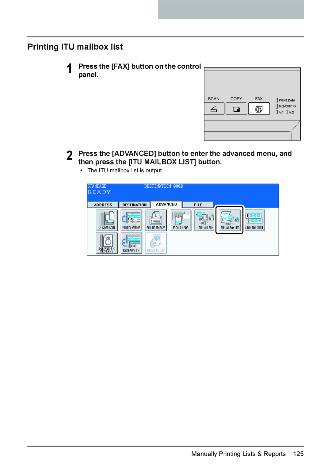 Toshiba GD-1210 manual Printing ITU mailbox list 