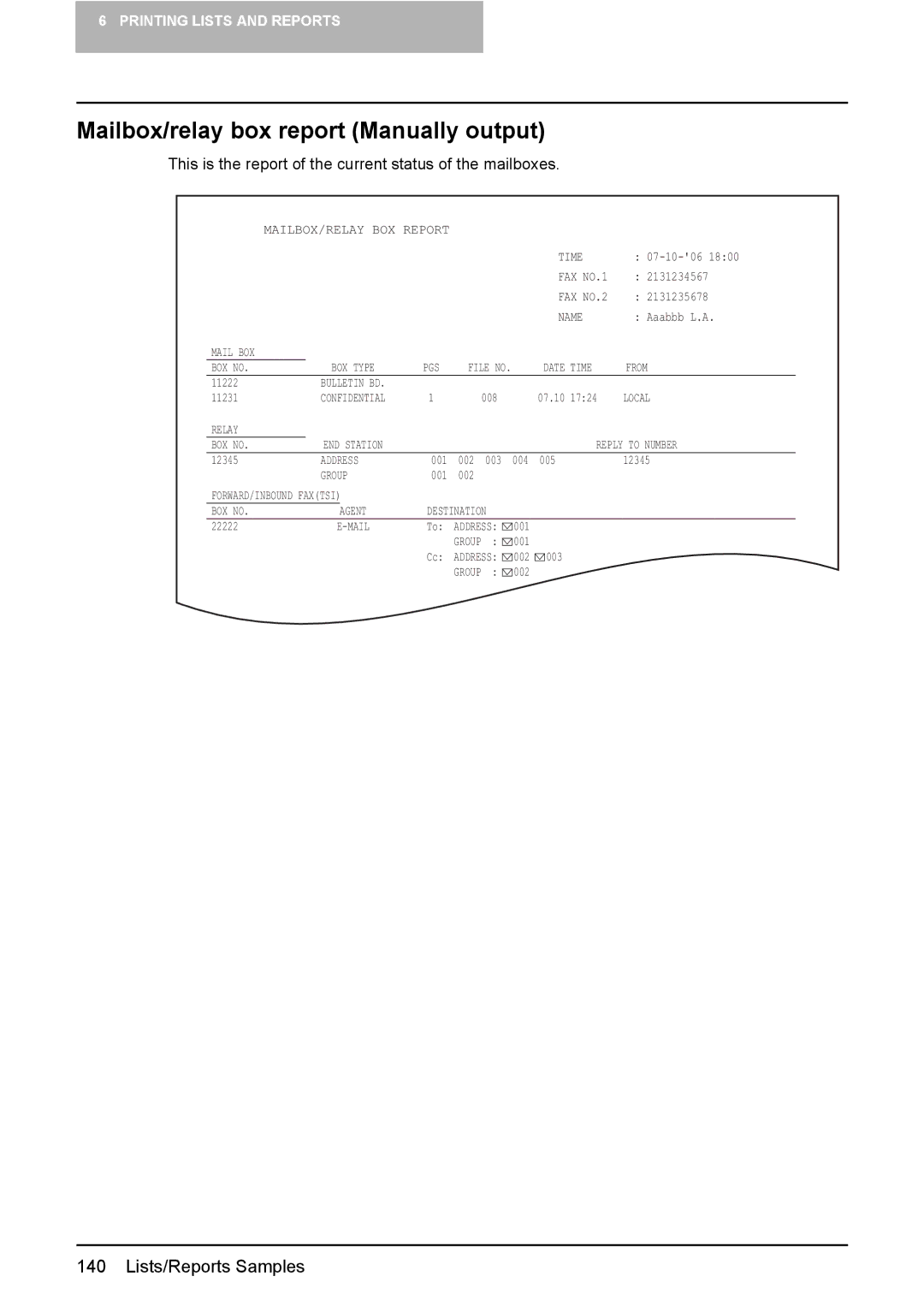 Toshiba GD-1210 manual Mailbox/relay box report Manually output, This is the report of the current status of the mailboxes 