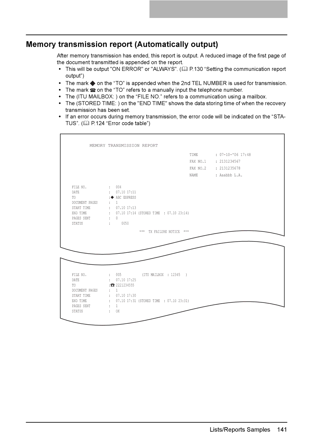 Toshiba GD-1210 manual Memory transmission report Automatically output 