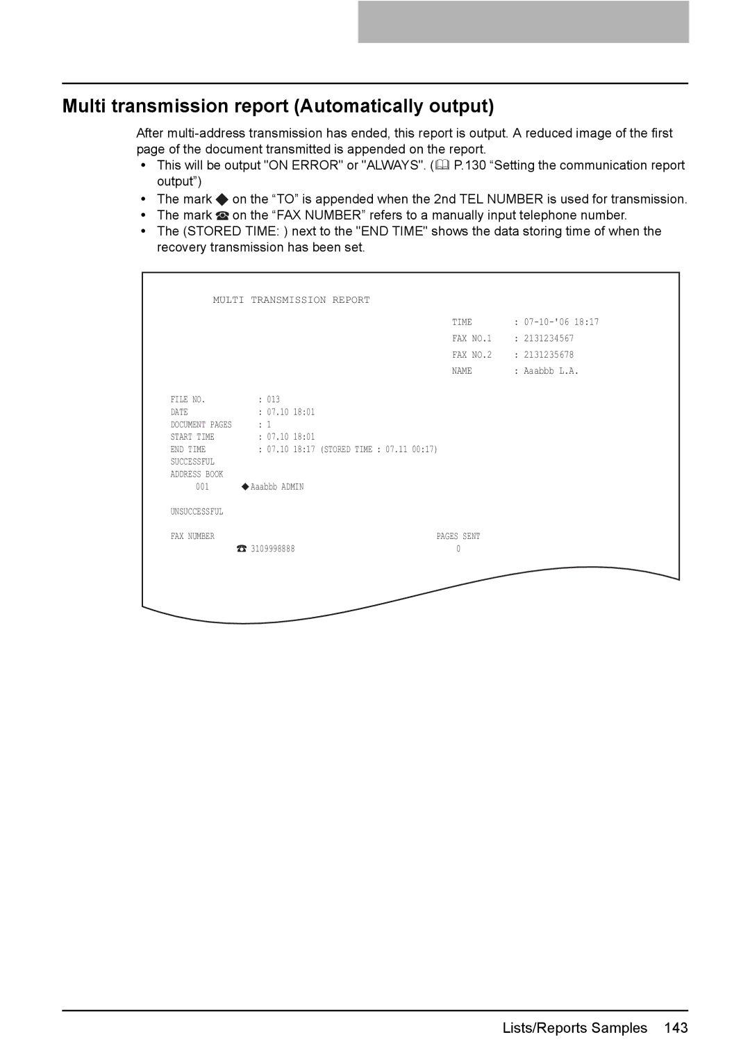 Toshiba GD-1210 manual Multi transmission report Automatically output 