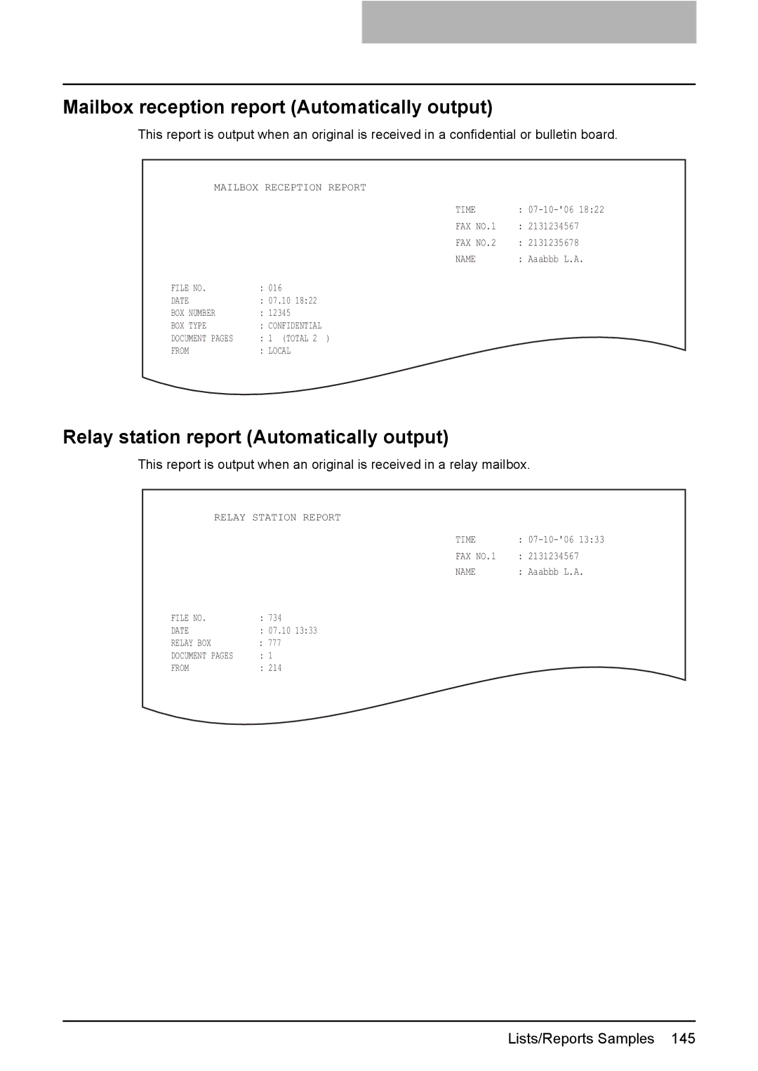 Toshiba GD-1210 manual Mailbox reception report Automatically output, Relay station report Automatically output 