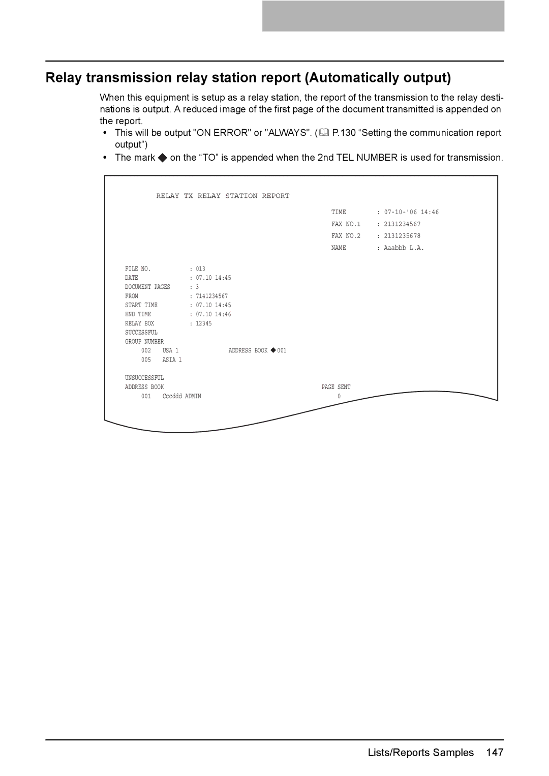 Toshiba GD-1210 manual Relay transmission relay station report Automatically output 