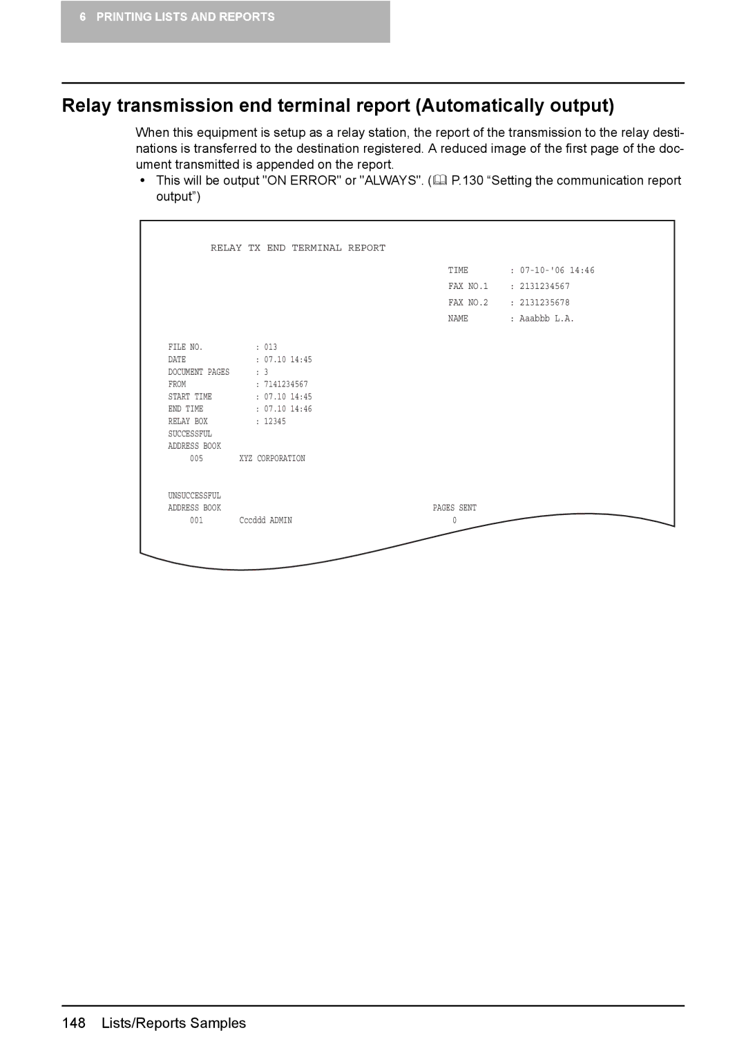 Toshiba GD-1210 manual Relay transmission end terminal report Automatically output 