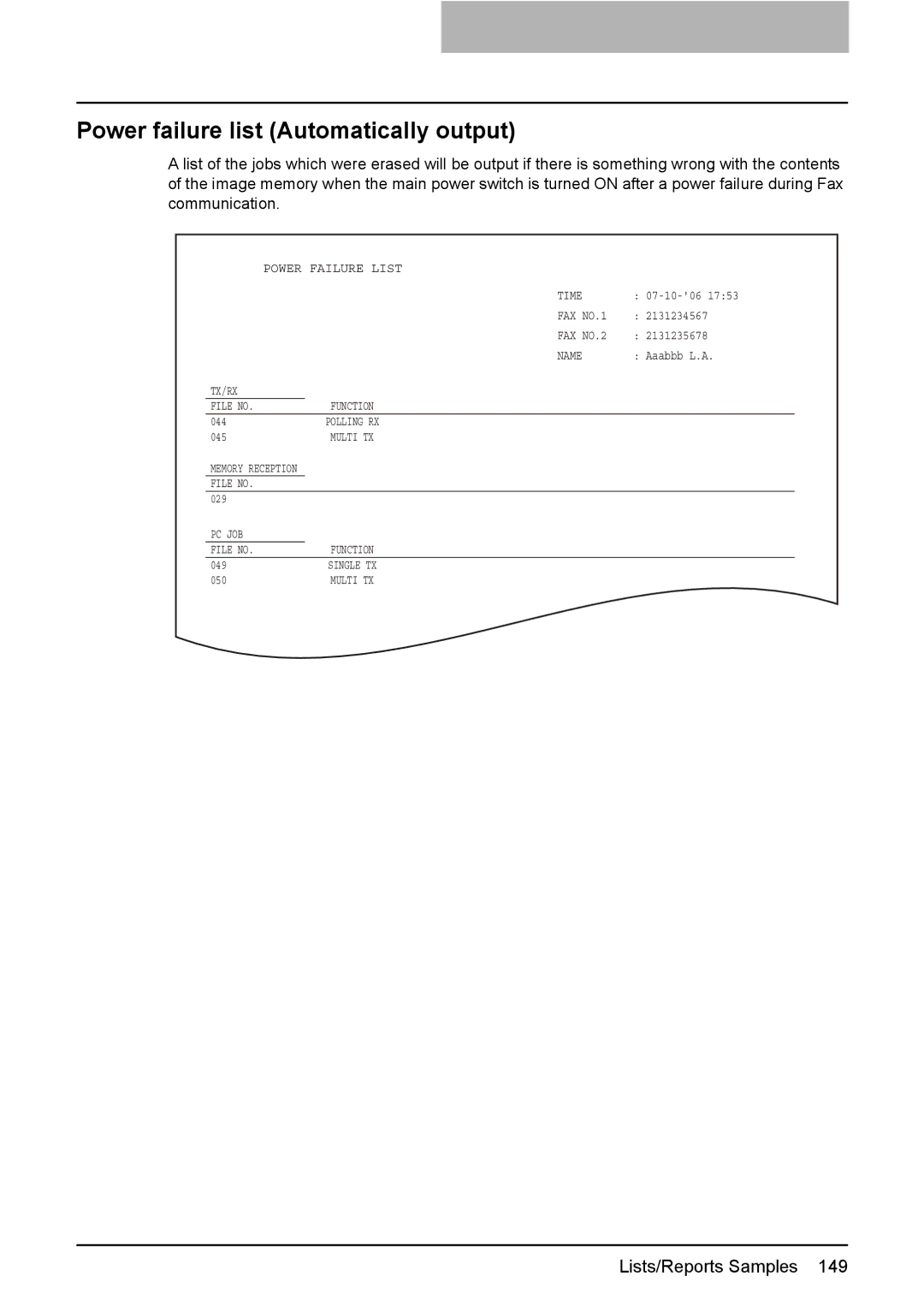 Toshiba GD-1210 manual Power failure list Automatically output 