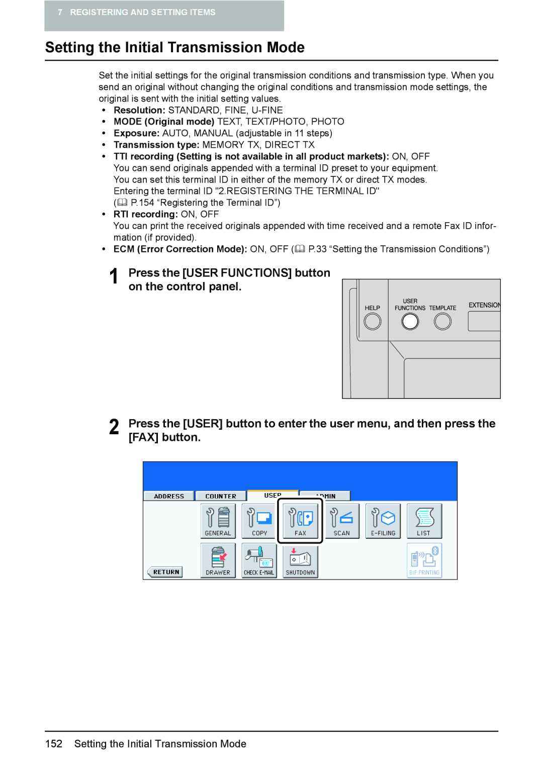 Toshiba GD-1210 Setting the Initial Transmission Mode, Press the User Functions button on the control panel, FAX button 