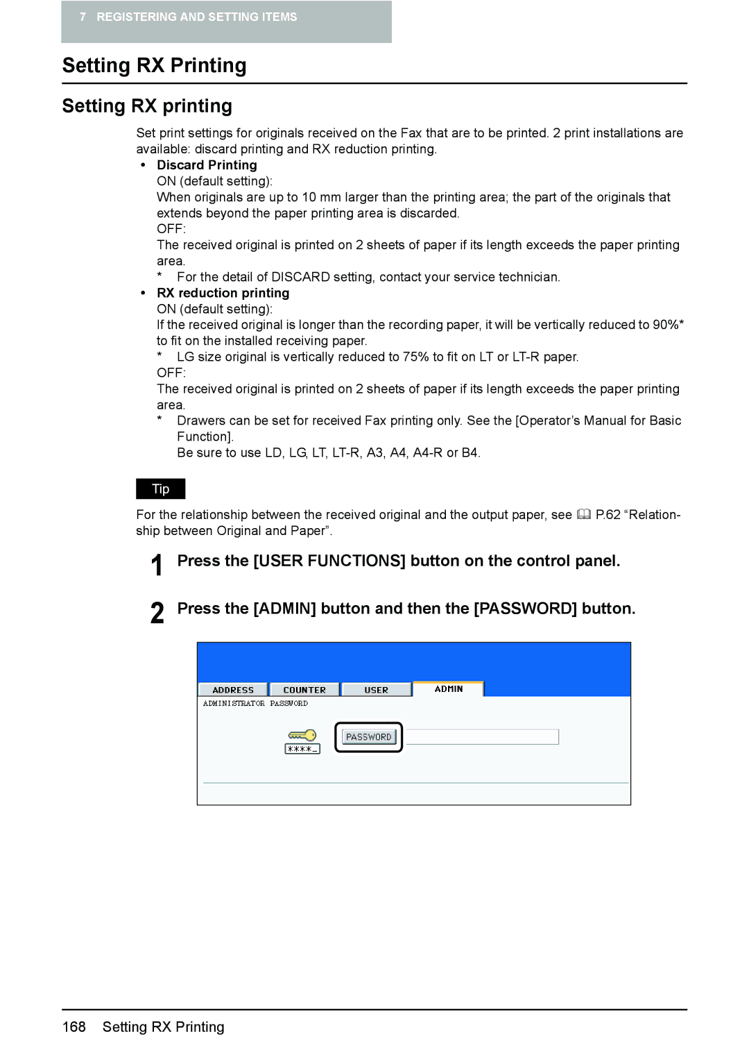 Toshiba GD-1210 manual Setting RX Printing, Setting RX printing, Discard Printing on default setting 