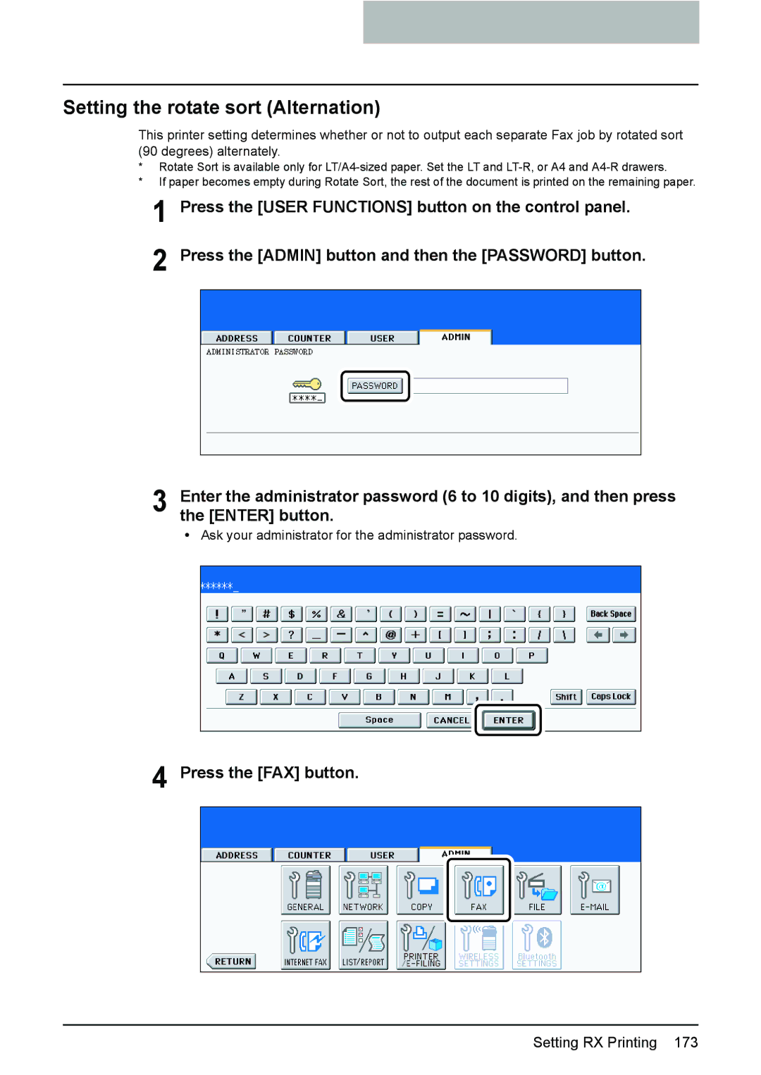 Toshiba GD-1210 manual Setting the rotate sort Alternation, Press the FAX button 