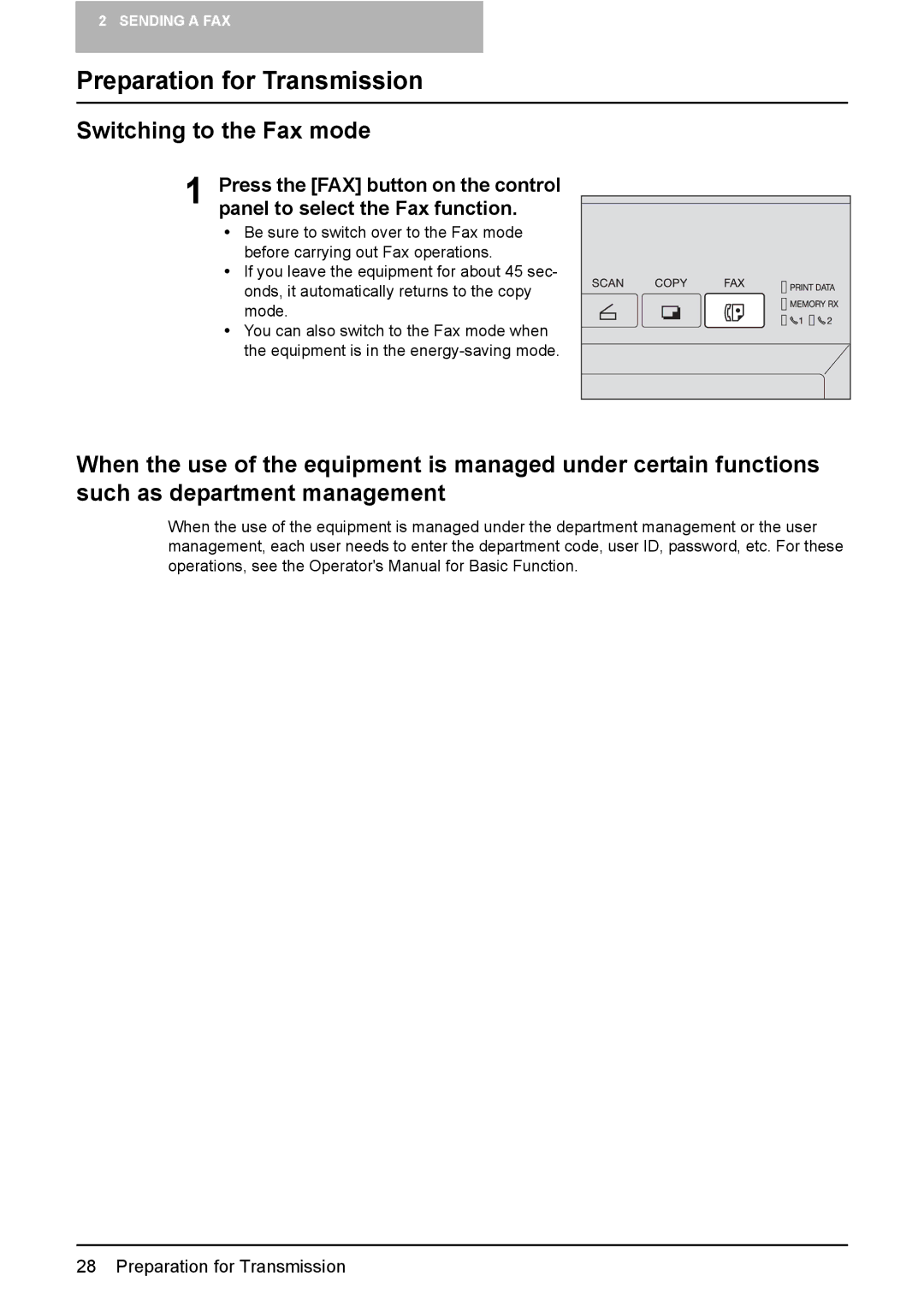 Toshiba GD-1210 manual Preparation for Transmission, Switching to the Fax mode, Panel to select the Fax function 