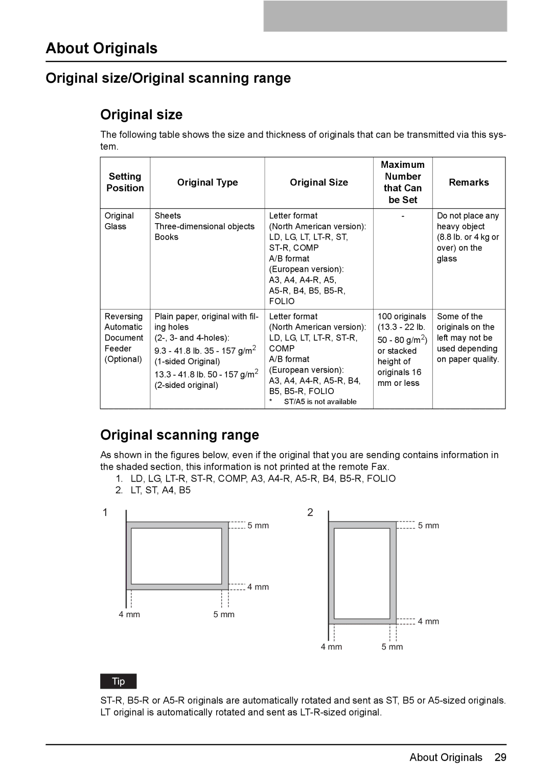 Toshiba GD-1210 manual About Originals, Original size/Original scanning range 