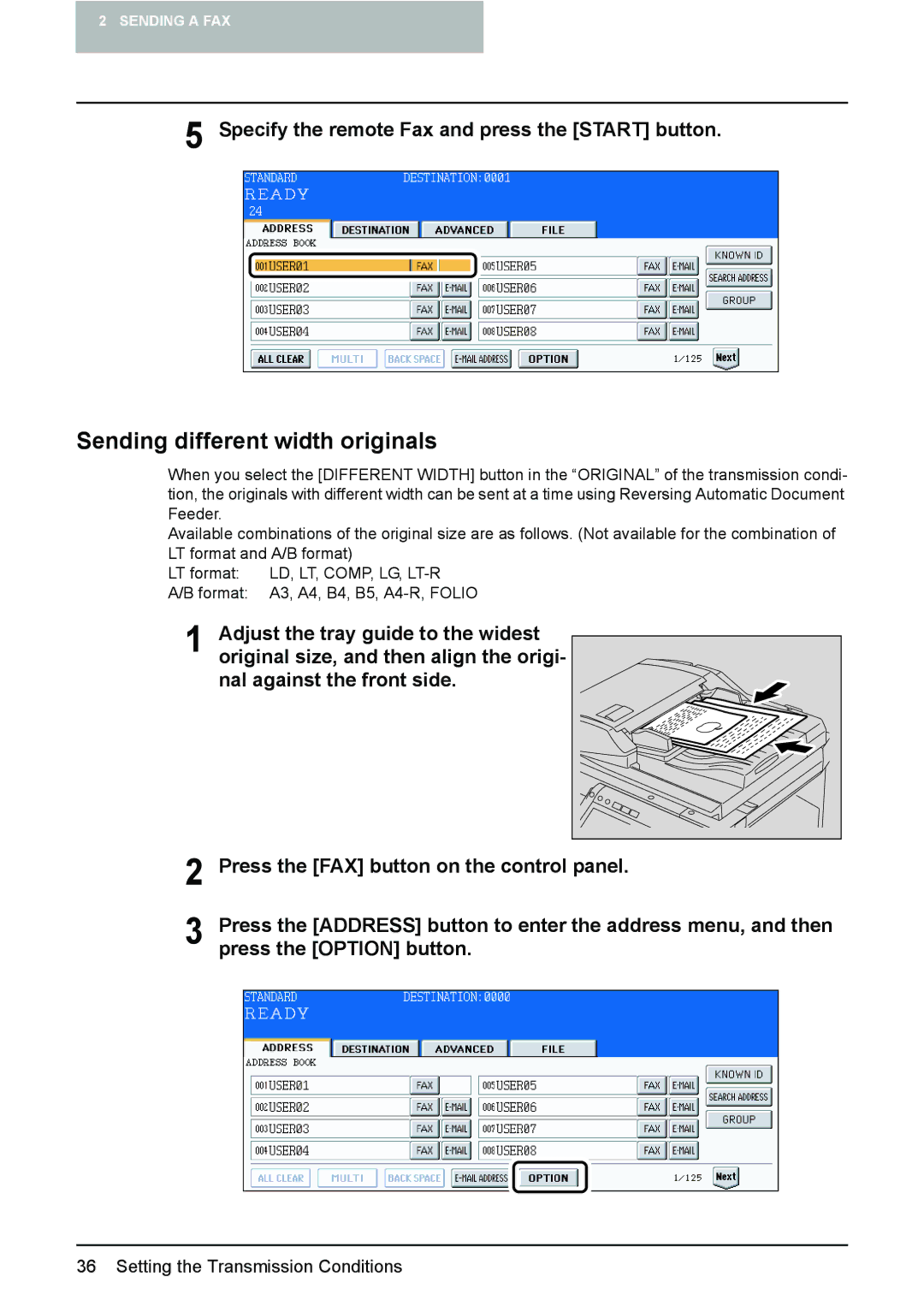 Toshiba GD-1210 manual Sending different width originals, Specify the remote Fax and press the Start button 