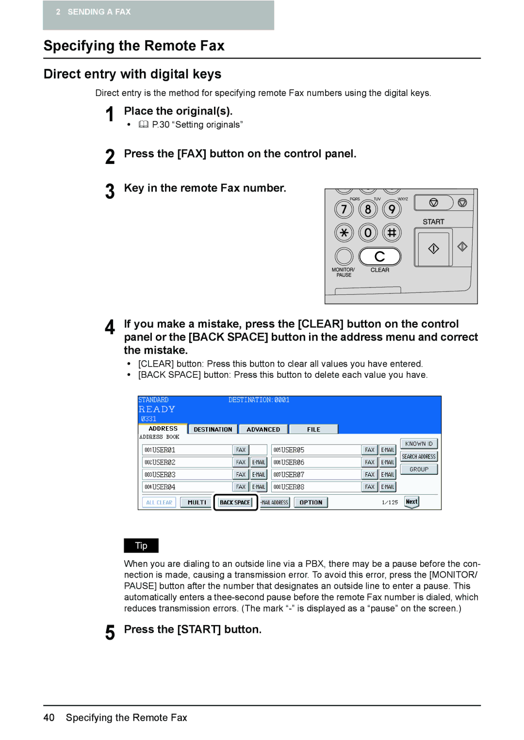 Toshiba GD-1210 manual Specifying the Remote Fax, Direct entry with digital keys 