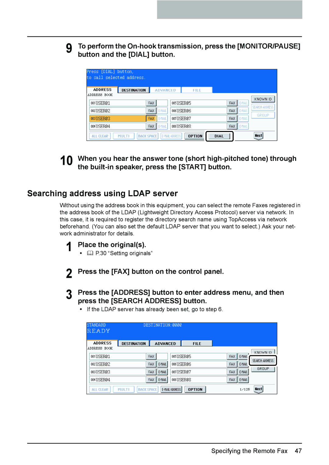 Toshiba GD-1210 manual Searching address using Ldap server, Button and the Dial button 