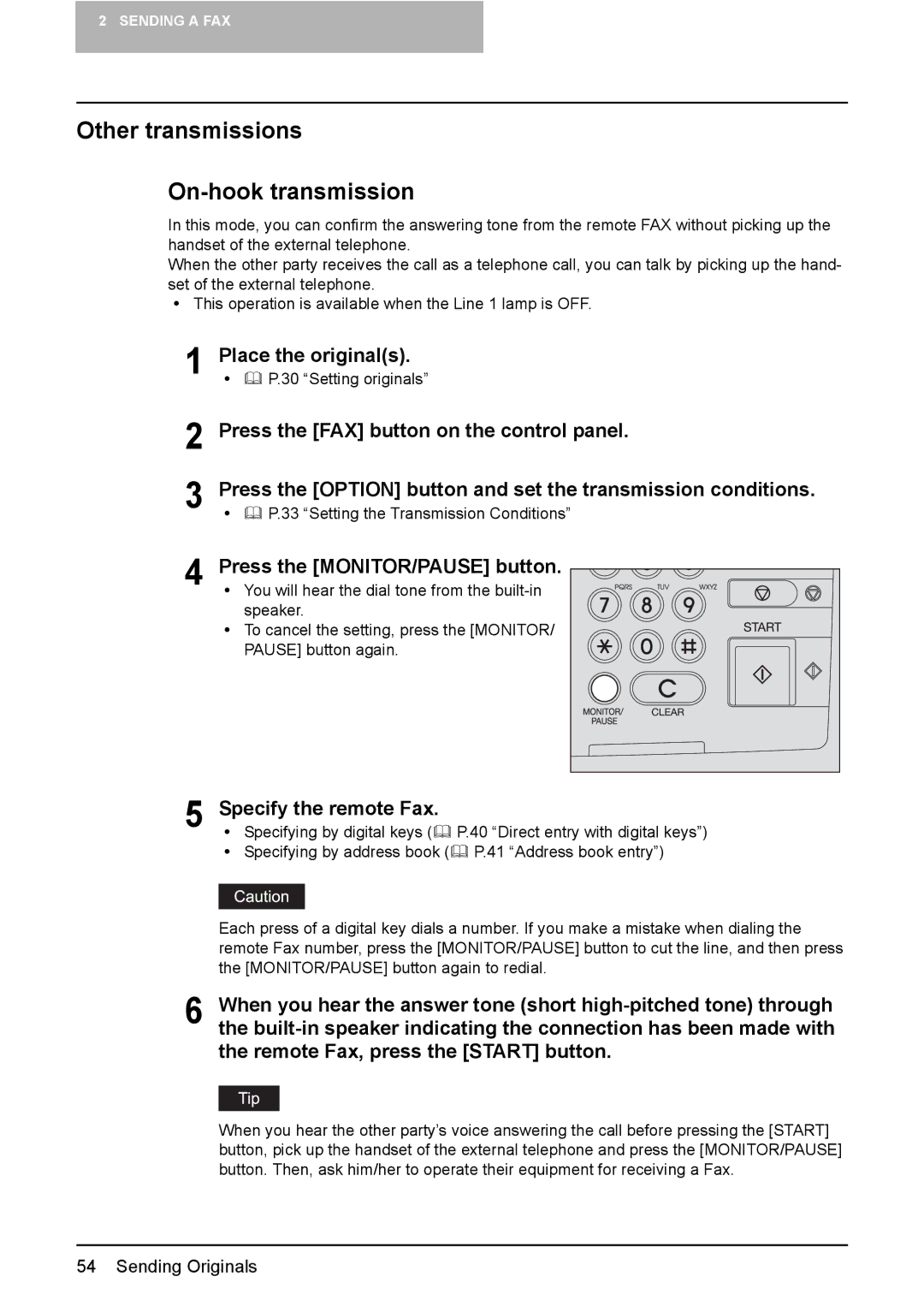 Toshiba GD-1210 manual Other transmissions On-hook transmission, Press the MONITOR/PAUSE button 