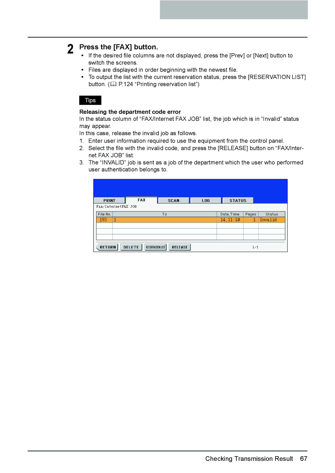 Toshiba GD-1210 manual Press the FAX button, Releasing the department code error 