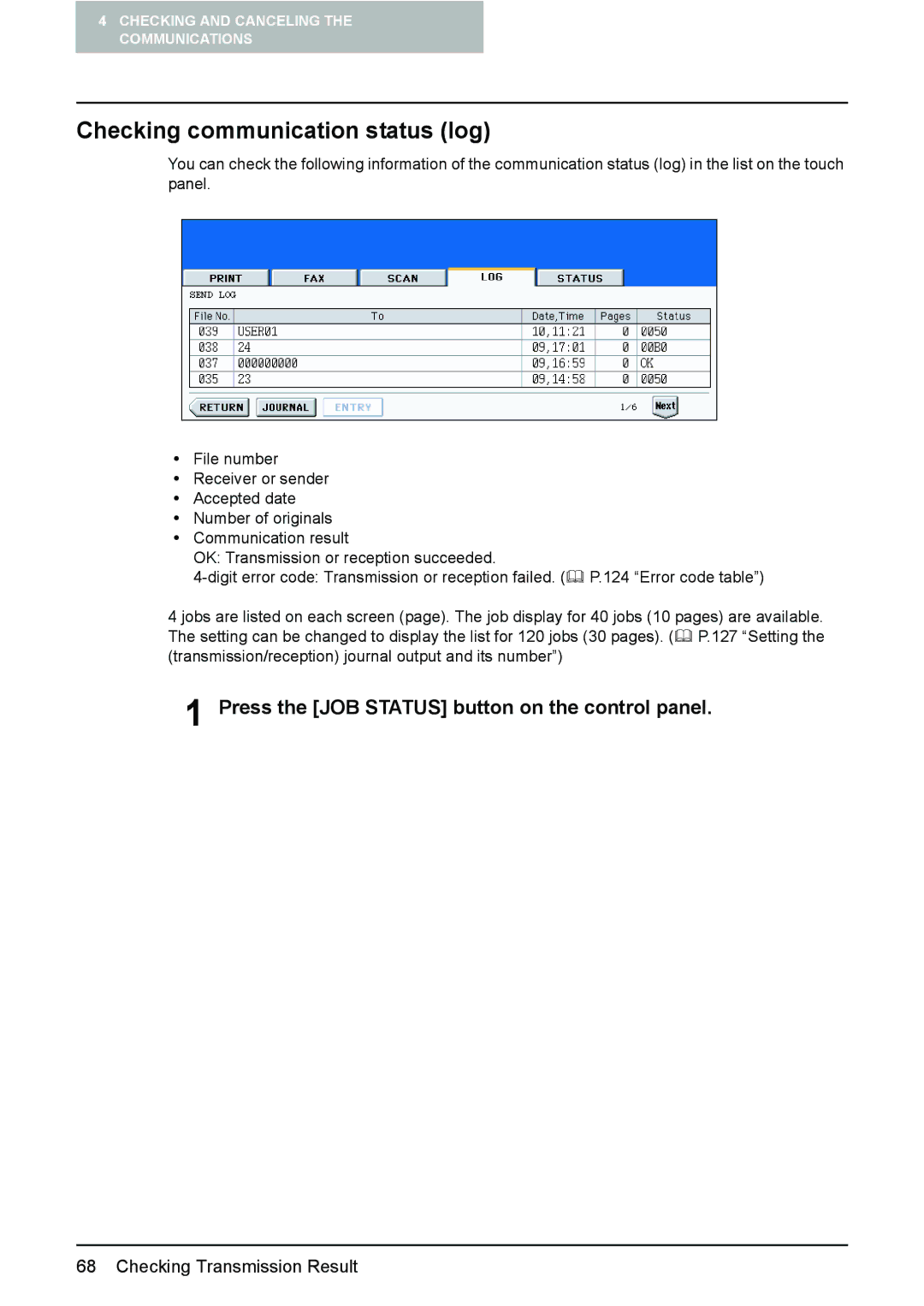 Toshiba GD-1210 manual Checking communication status log 