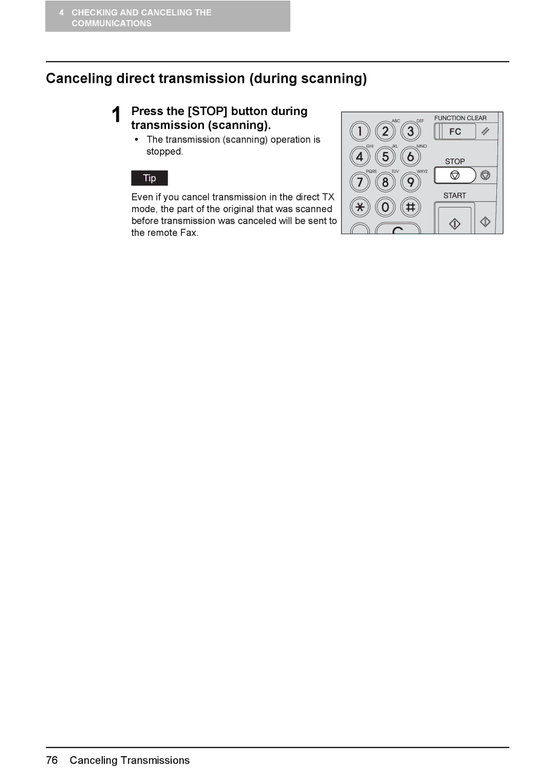 Toshiba GD-1210 manual Canceling direct transmission during scanning, Press the Stop button during transmission scanning 