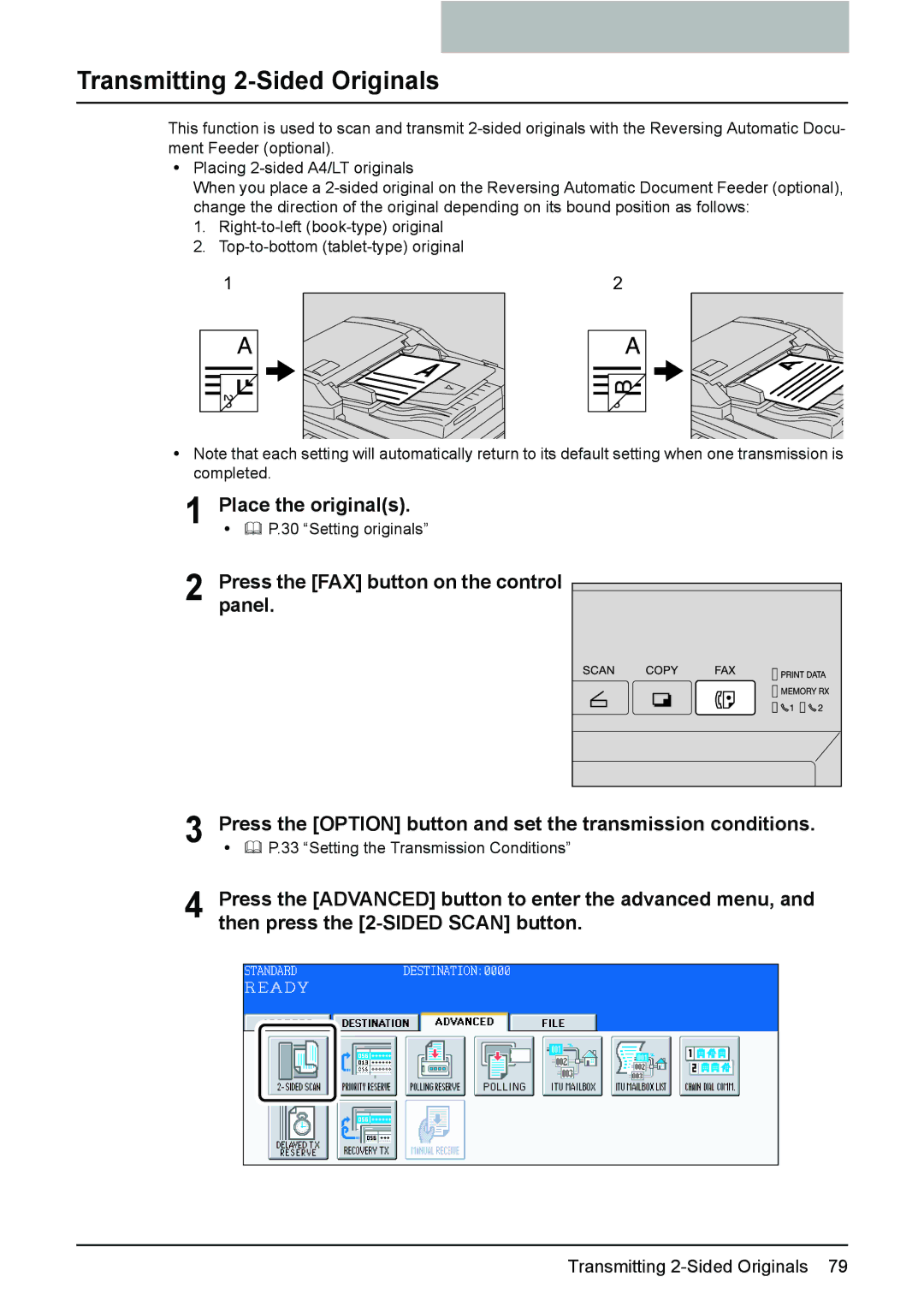 Toshiba GD-1210 manual Transmitting 2-Sided Originals, Presspanel.the FAX button on the control 