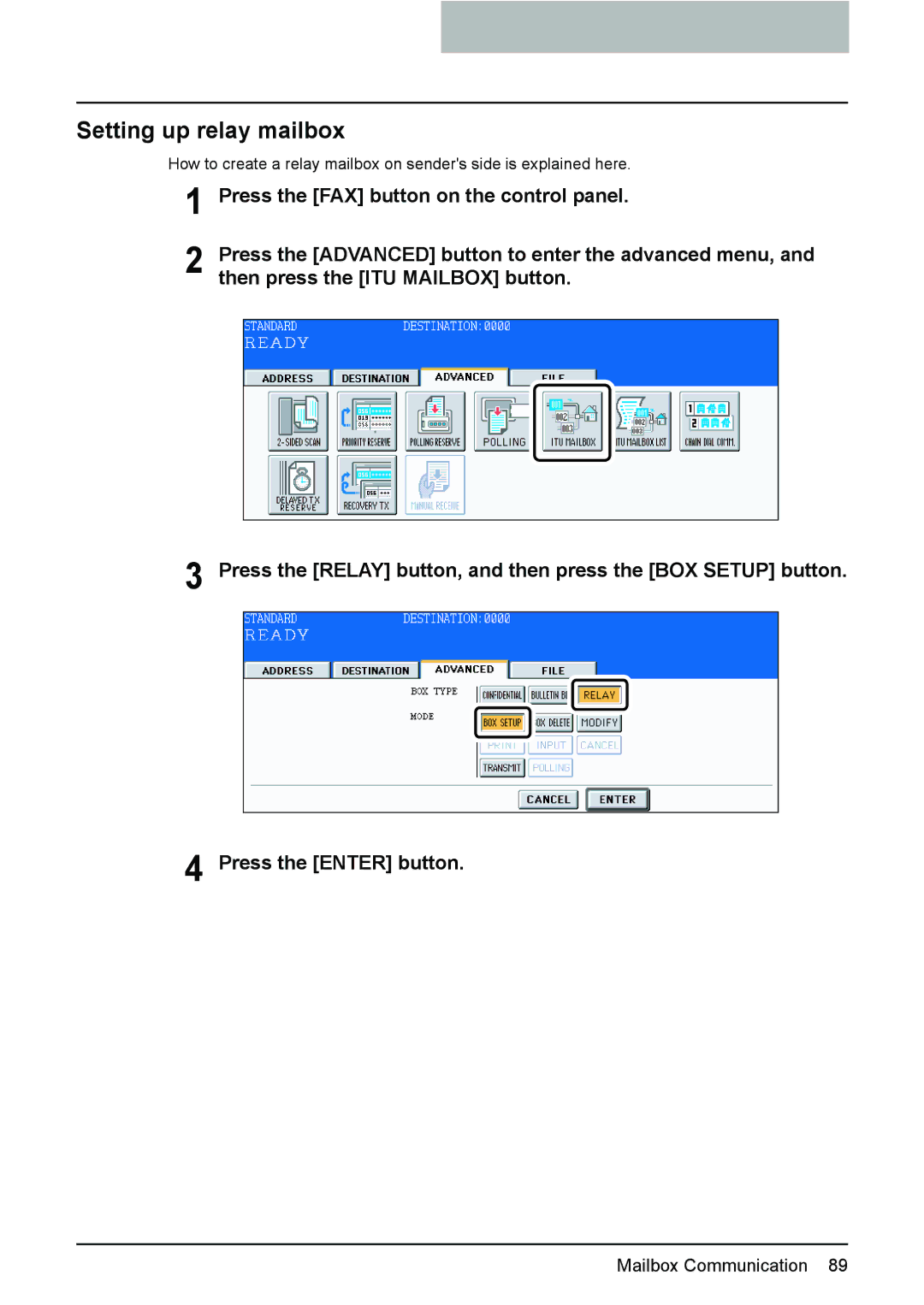 Toshiba GD-1210 manual Setting up relay mailbox 