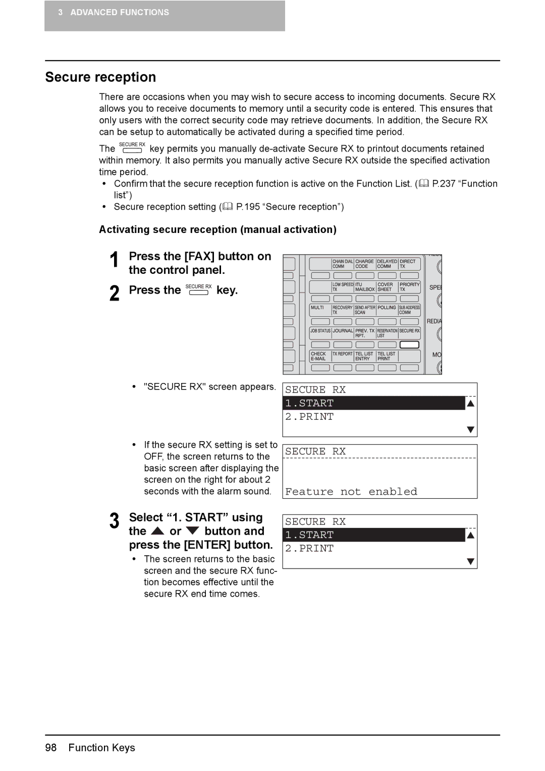 Toshiba GD-1220 manual Secure reception, Secure RX, Start, Print, Feature not enabled 