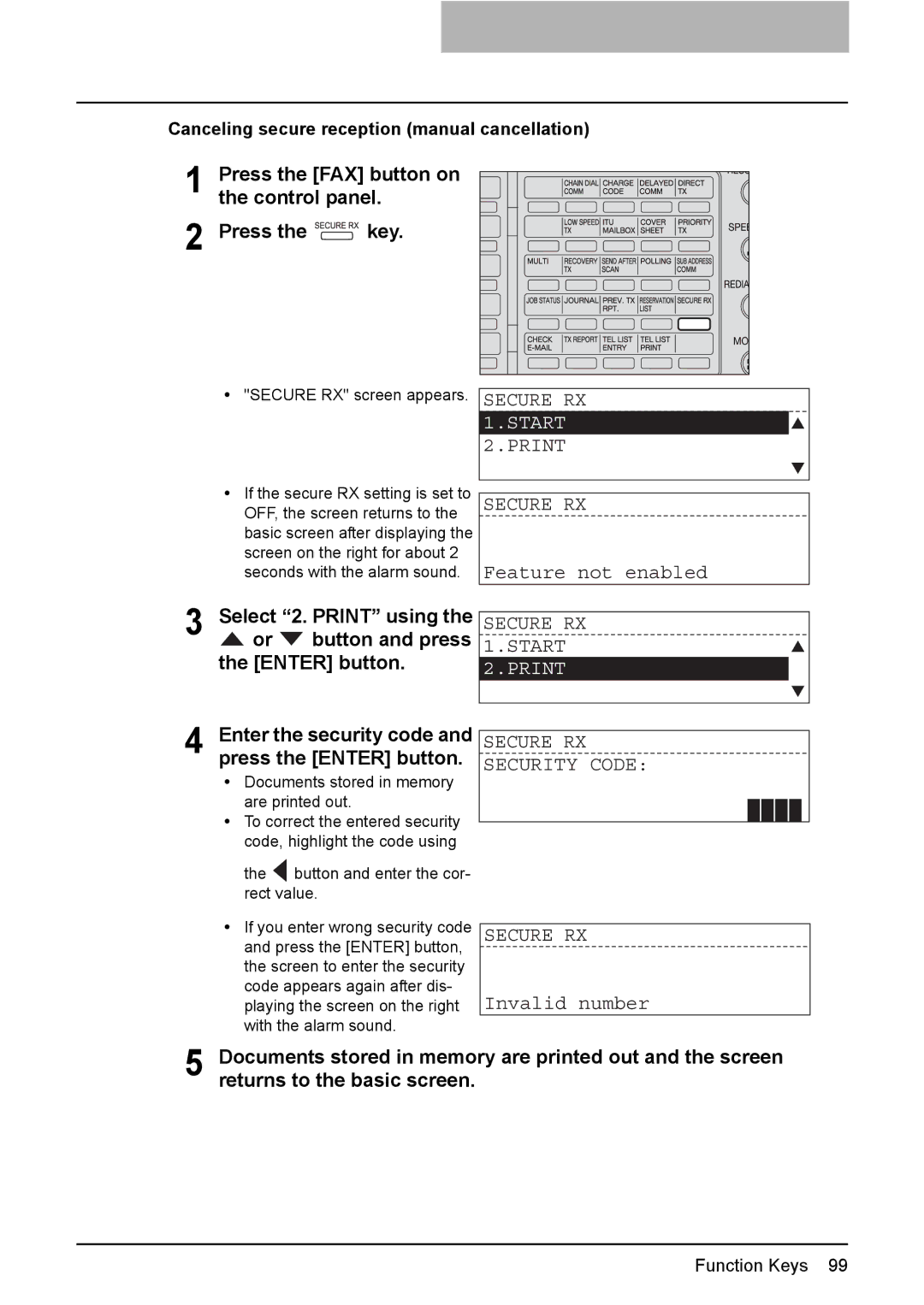 Toshiba GD-1220 Secure RX 1.START, Secure RX Security Code, Invalid number, Canceling secure reception manual cancellation 