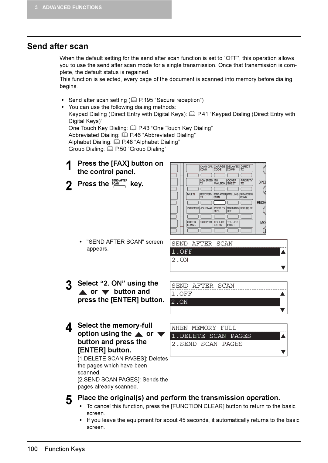 Toshiba GD-1220 manual Send after scan, Send After Scan 1.OFF When Memory Full, Delete Scan Pages, Send Scan Pages 