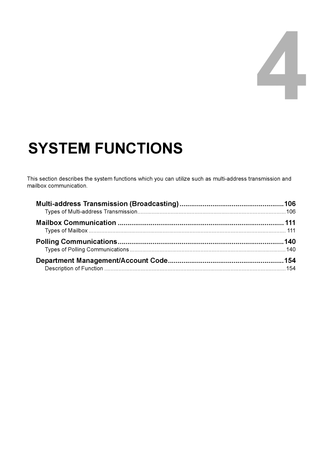 Toshiba GD-1220 manual Multi-address Transmission Broadcasting 106, Mailbox Communication 111, Polling Communications 140 