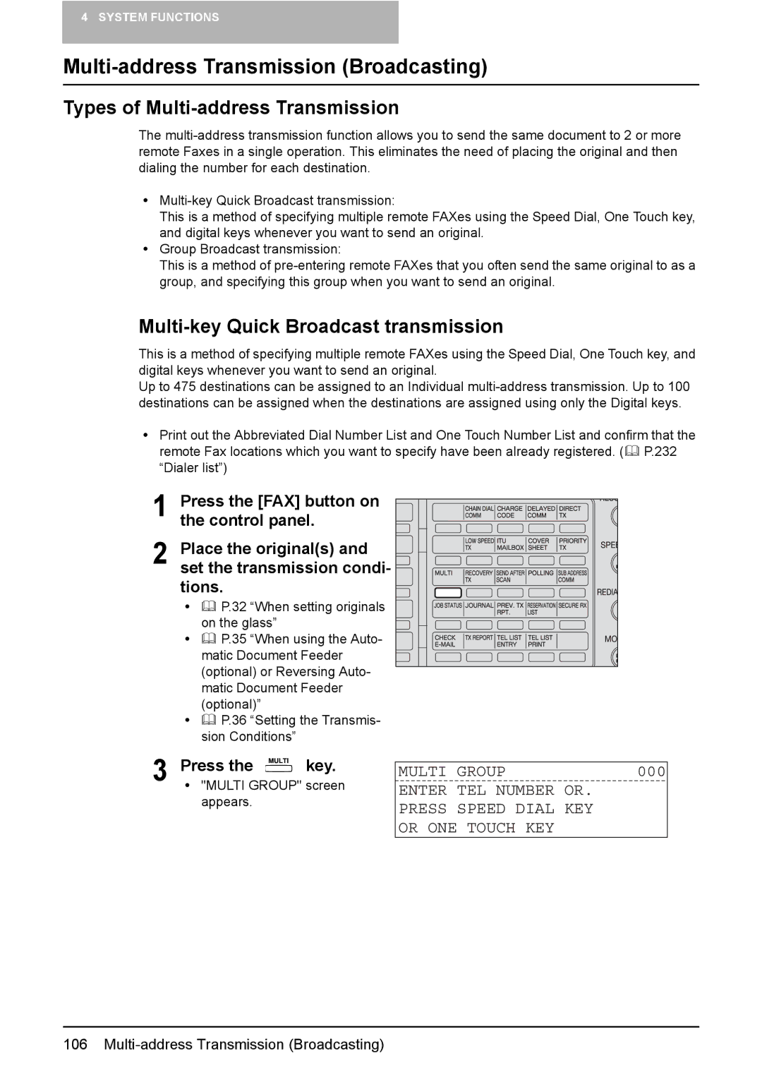 Toshiba GD-1220 manual Multi-address Transmission Broadcasting, Types of Multi-address Transmission, Press Key 