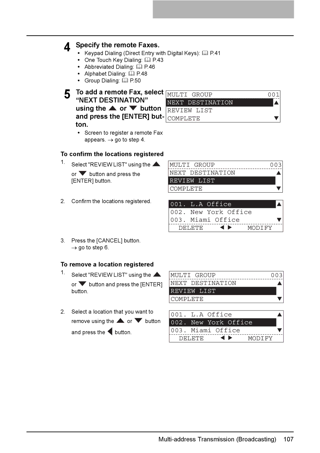 Toshiba GD-1220 manual Specify the remote Faxes, Next Destination, Review List 