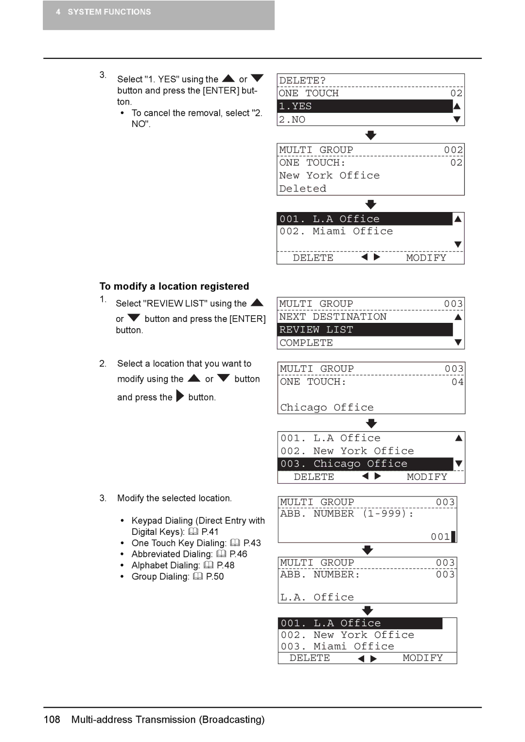 Toshiba GD-1220 manual DELETE? ONE Touch, Delete Modify Multi Group, Complete Multi Group, Deletemodify 