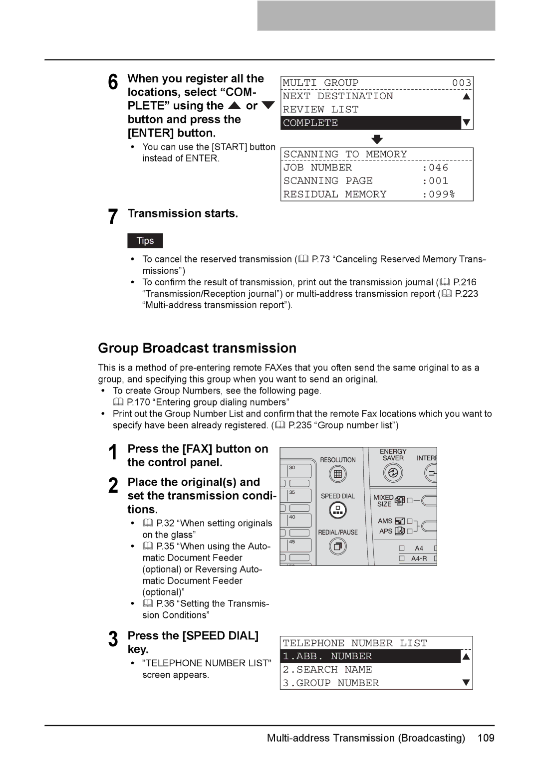 Toshiba GD-1220 Group Broadcast transmission, Transmission starts, Next Destination Review List, Presskey. the Speed Dial 