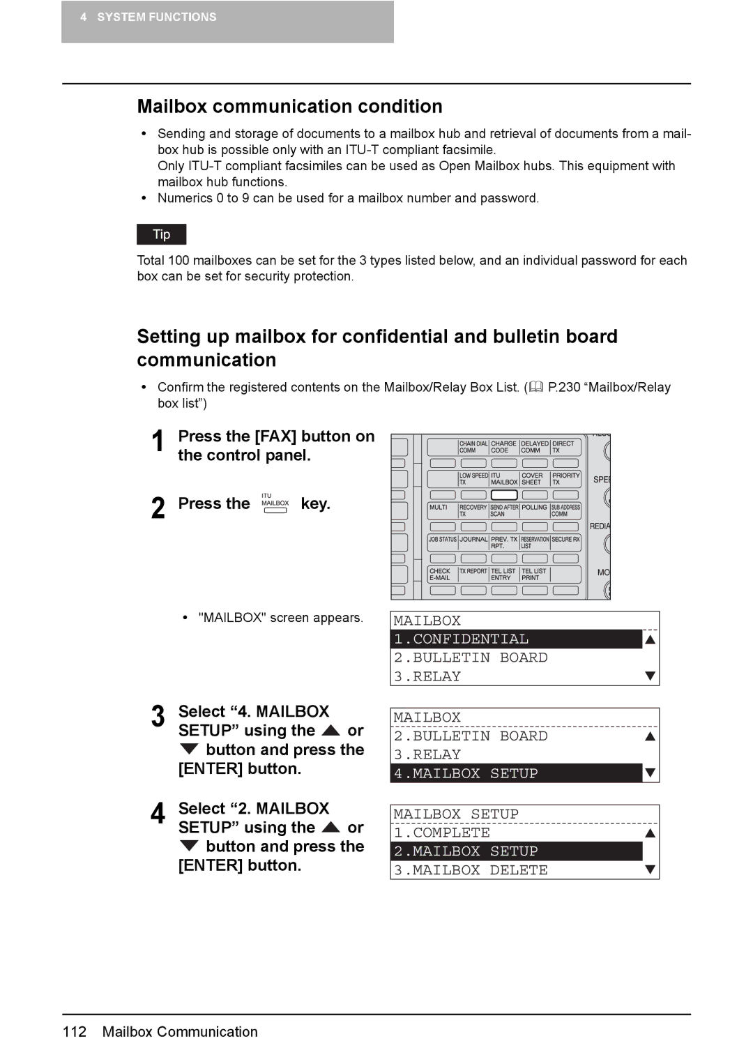 Toshiba GD-1220 manual Mailbox communication condition, Confidential, Mailbox Setup 