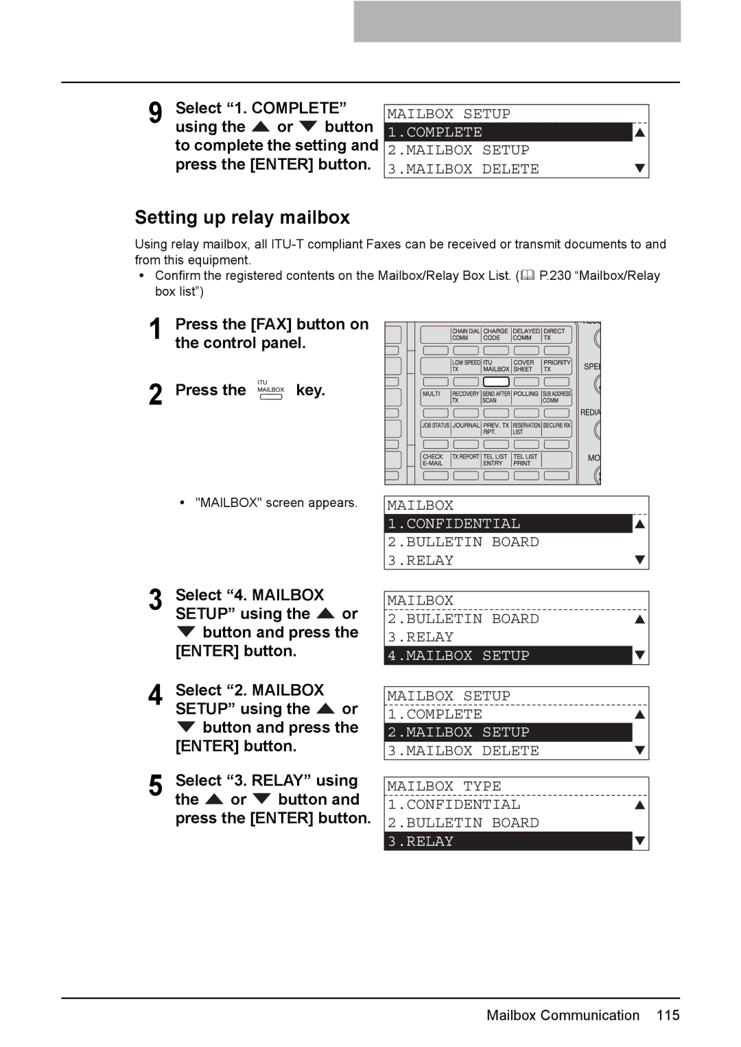 Toshiba GD-1220 manual Setting up relay mailbox, Mailbox Setup 3.MAILBOX Delete, Relay 