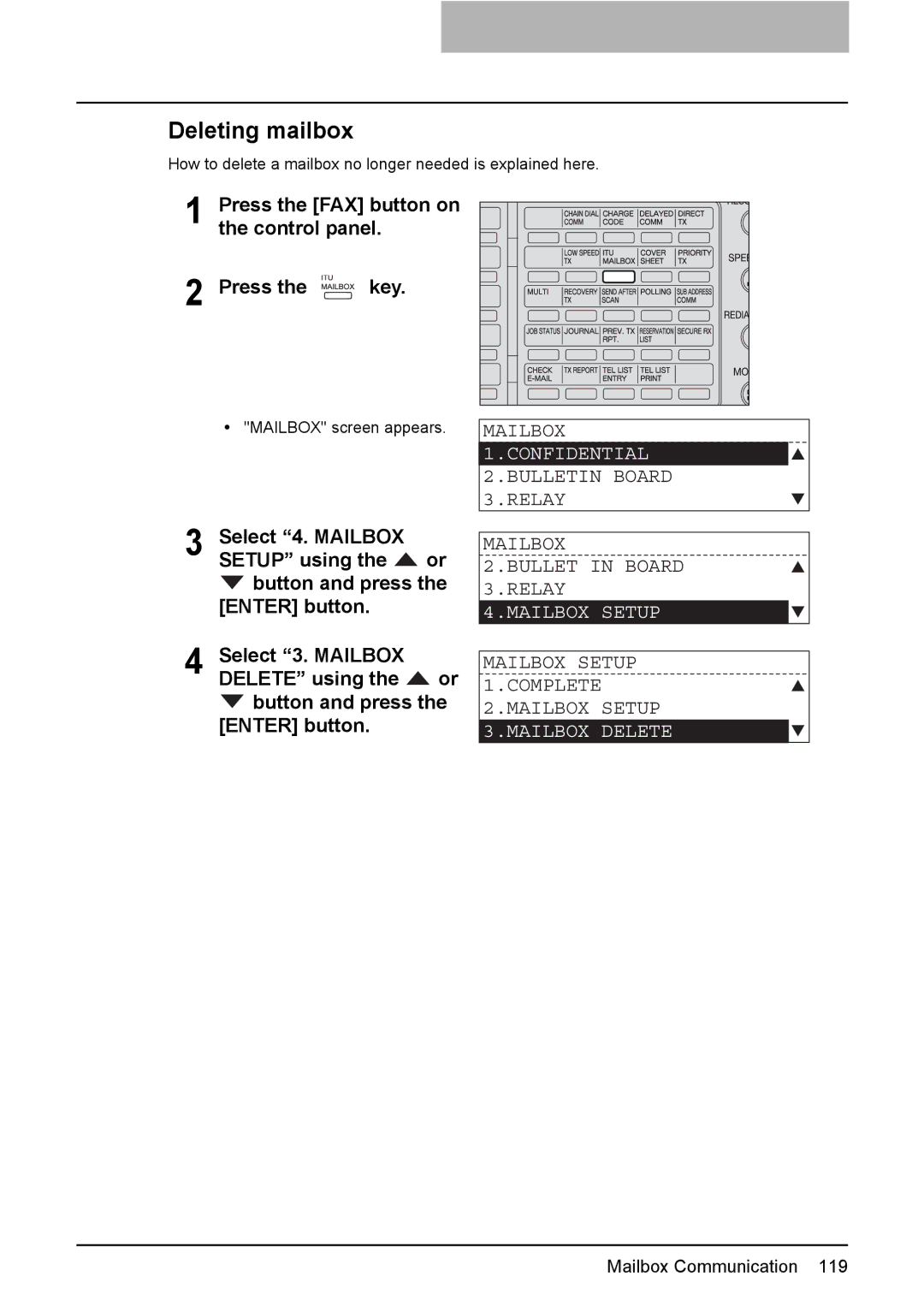 Toshiba GD-1220 manual Deleting mailbox, Bulletin Board 3.RELAY Mailbox Bullet in Board 3.RELAY, Mailbox Delete 