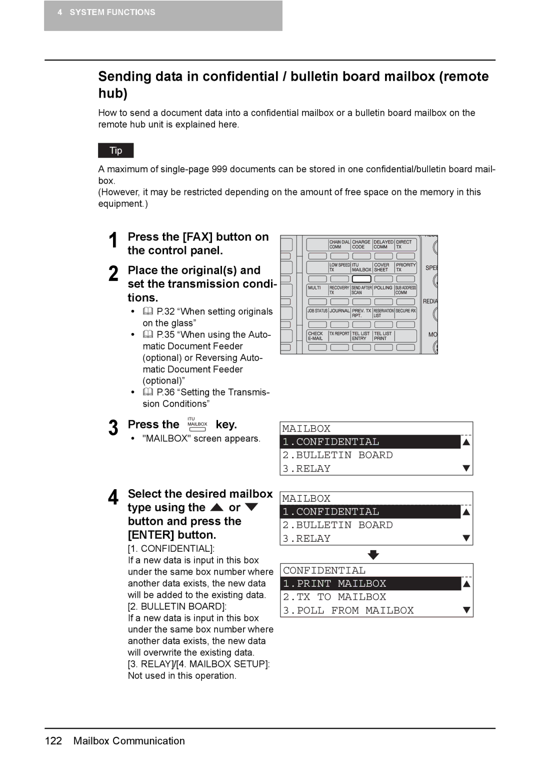 Toshiba GD-1220 manual Bulletin Board 3.RELAY Confidential, Print Mailbox, TX to Mailbox 3.POLL from Mailbox 