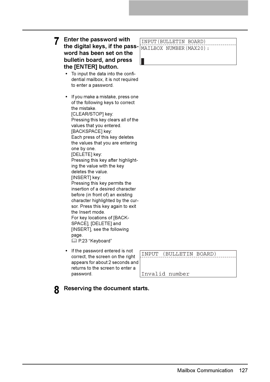 Toshiba GD-1220 manual Input Bulletin Board, Reserving the document starts 