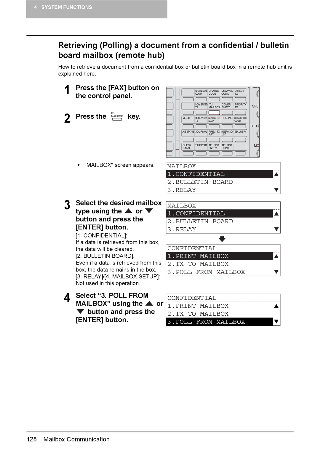 Toshiba GD-1220 manual Bulletin Board 3.RELAY Mailbox, Confidential 1.PRINT Mailbox 2.TX to Mailbox, Poll from Mailbox 