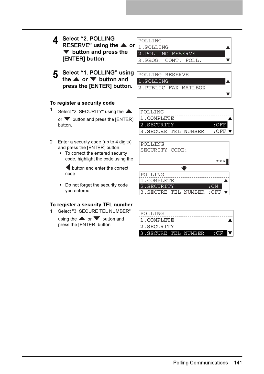 Toshiba GD-1220 manual Polling Reserve, Securityoff, Securityon, Secure TEL Number on 