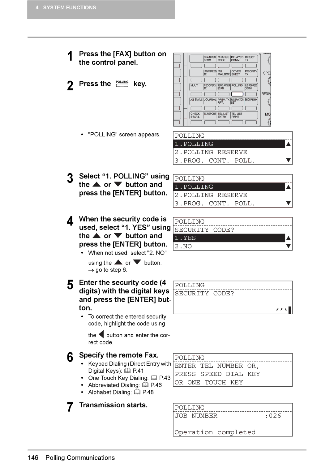 Toshiba GD-1220 manual PROG. CONT. Poll Polling, Polling Security CODE?, Polling JOB Number, 026, Operation completed 