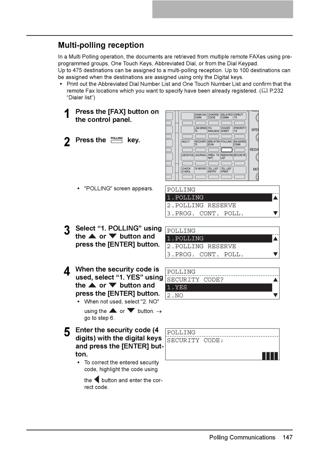 Toshiba GD-1220 manual Multi-polling reception, Polling Security Code 