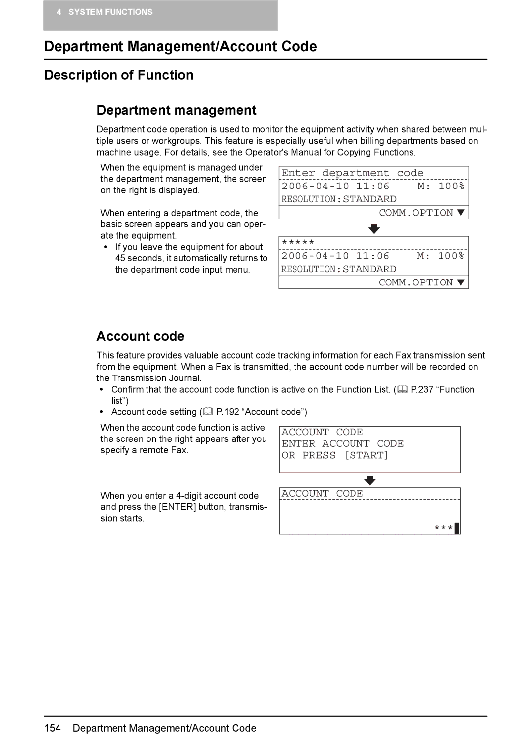 Toshiba GD-1220 manual Department Management/Account Code, Description of Function Department management, Account code 