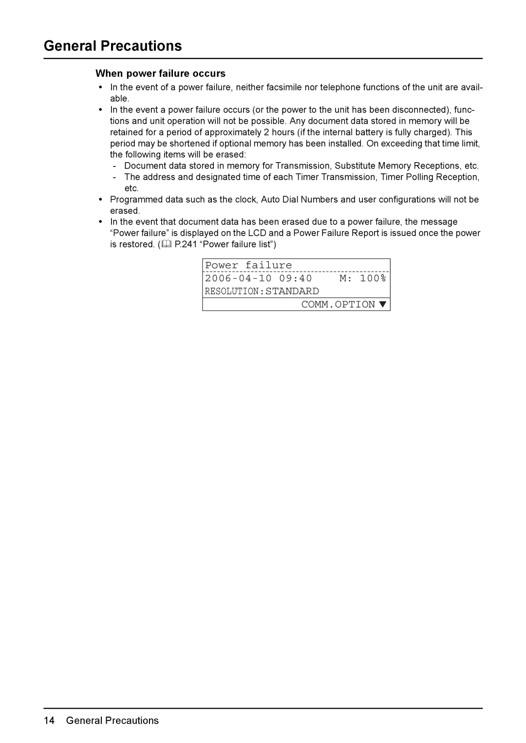 Toshiba GD-1220 General Precautions, Power failure 2006-04-10, Resolutionstandard COMM.OPTION, When power failure occurs 