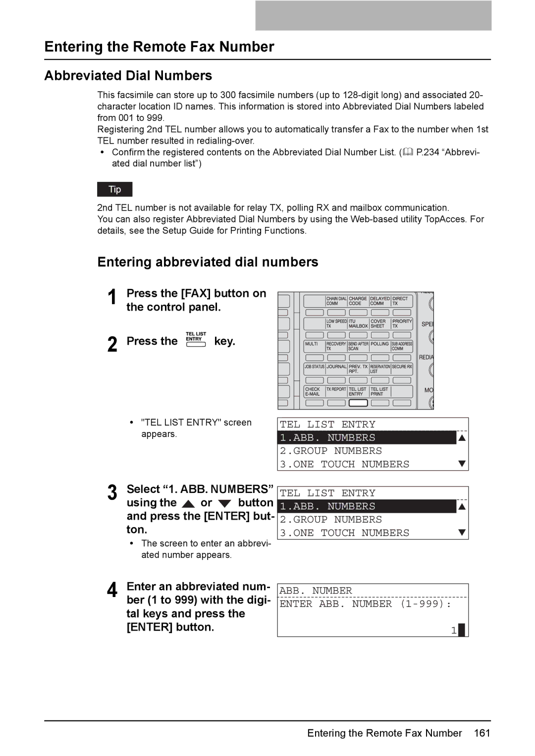 Toshiba GD-1220 Entering the Remote Fax Number, Abbreviated Dial Numbers, Entering abbreviated dial numbers, ABB. Numbers 