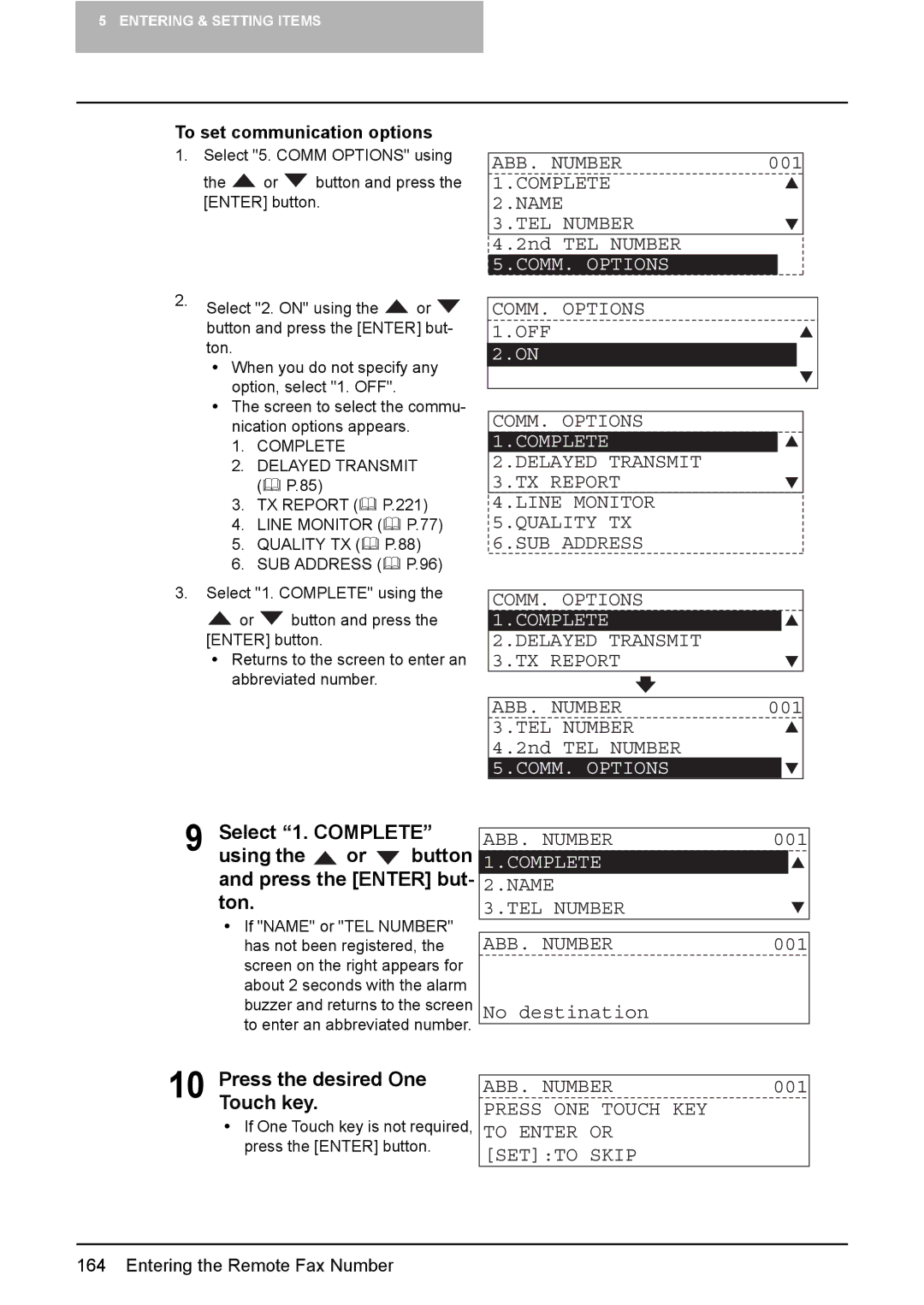 Toshiba GD-1220 manual COMM. Options 1.OFF COMM. Options 1.COMPLETE, Name TEL Number ABB. Number 