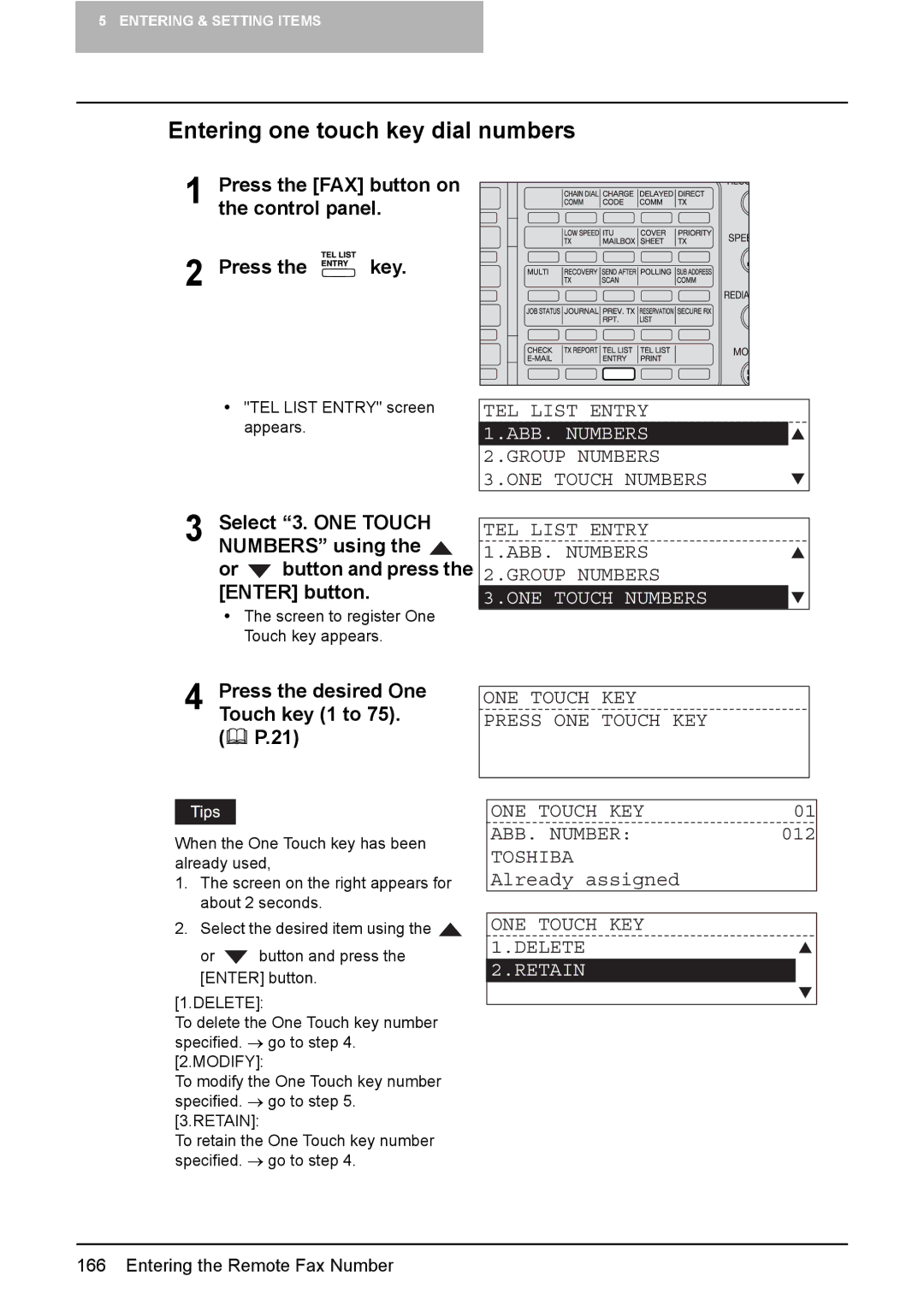 Toshiba GD-1220 manual Entering one touch key dial numbers, ONE Touch Numbers 