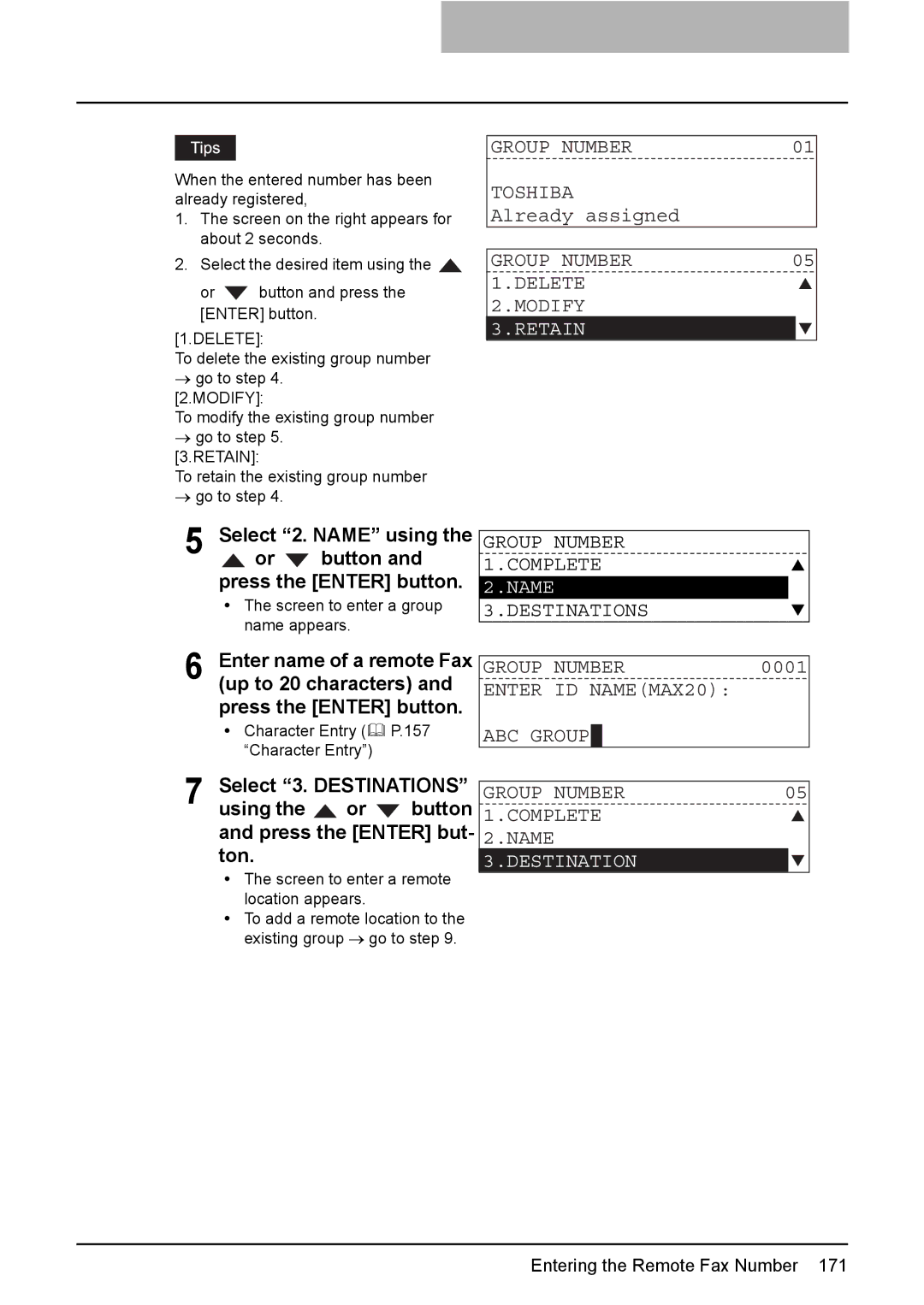 Toshiba GD-1220 manual Group Number Toshiba, Group Number Delete Modify, Group Number 1.COMPLETE 2.NAME Destinations 