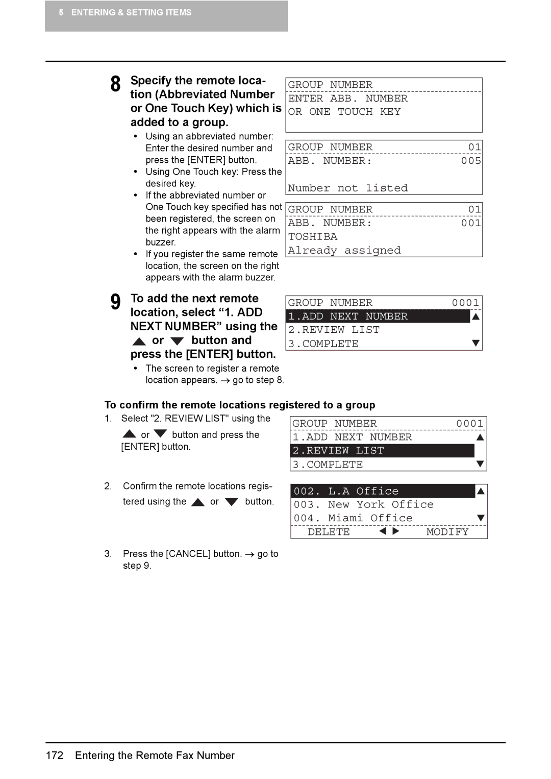 Toshiba GD-1220 manual Group Number Enter ABB. Number Or ONE Touch KEY, 005, Group Number ABB. Number 