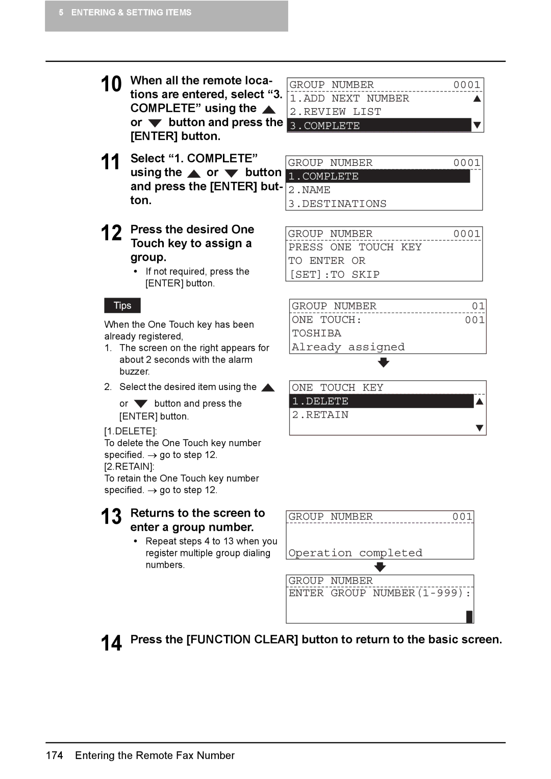 Toshiba GD-1220 manual ADD Next Number Review List, Name Destinations, Press the desired One Touch key to assign a group 